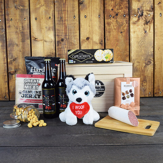 "I Woof You" Beer & Snacks BroCrate, beer gift baskets, floral gift baskets, gourmet gift baskets, gift baskets, Valentine's Day gift baskets