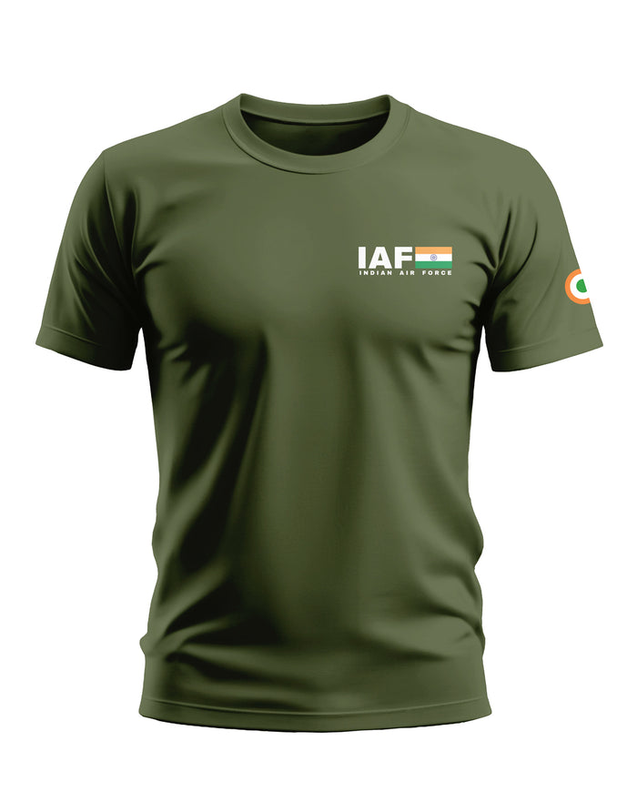 Olive green men's t-shirt with IAF Indian Air Force logo and Indian flag print