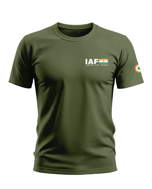 Olive green men's t-shirt with IAF Indian Air Force logo and Indian flag print