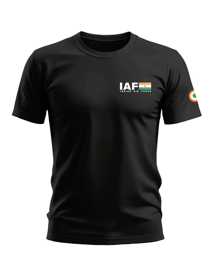 Black men's t-shirt with IAF Indian Air Force logo and Indian flag graphic on chest and sleeve