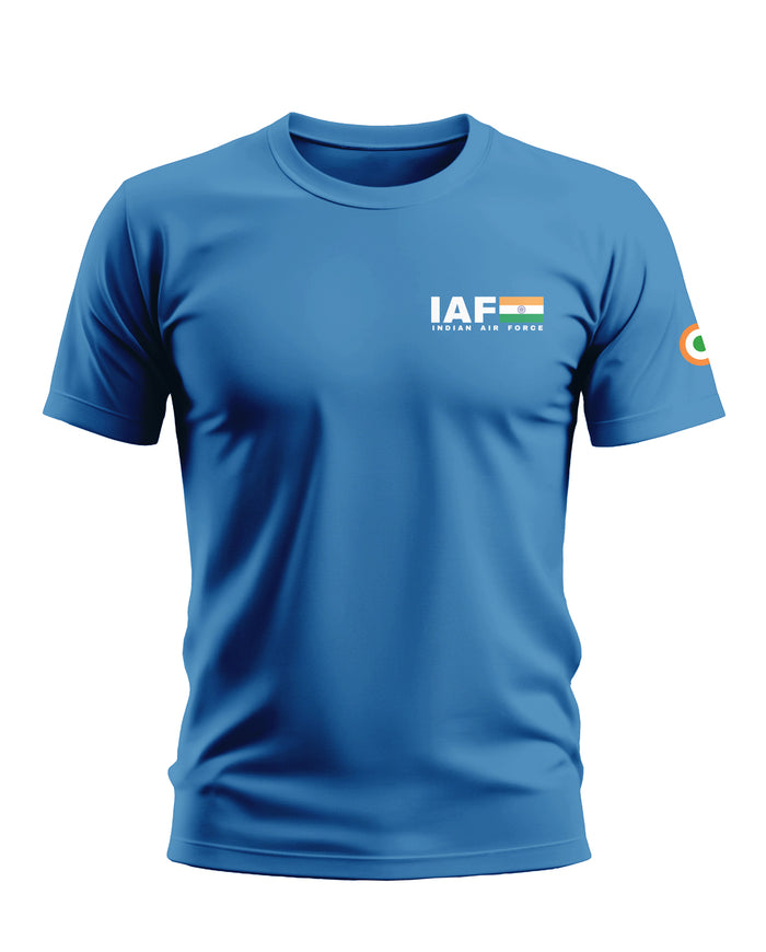Blue men's t-shirt with IAF Indian Air Force logo and Indian flag print on chest and sleeve