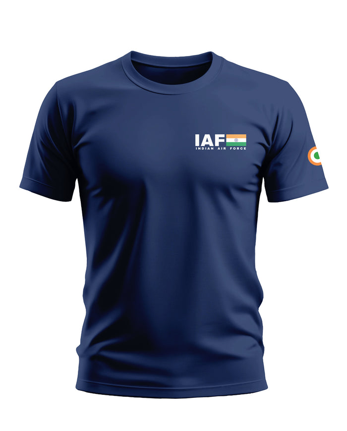 Navy blue men's t-shirt with Indian Air Force logo and Indian flag graphic on chest