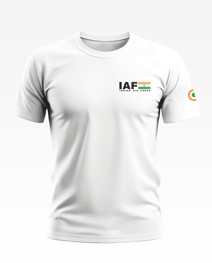 White men's t-shirt with IAF Indian Air Force text, Indian flag print, and sleeve emblem