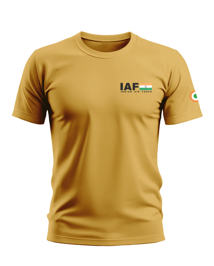 Yellow men's t-shirt with IAF Indian Air Force logo and Indian flag graphic on chest