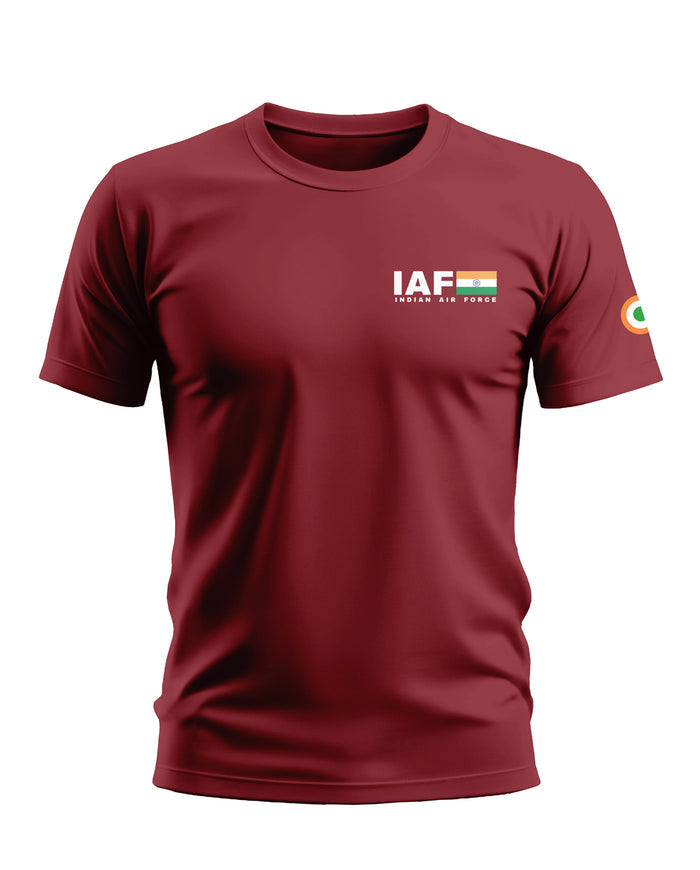 Maroon men's t-shirt with Indian Air Force logo and Indian flag print, short sleeves