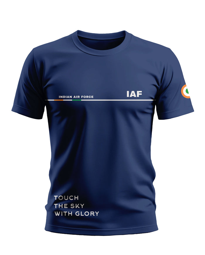 Navy blue Indian Air Force men's t-shirt with text and flag detail on sleeve
