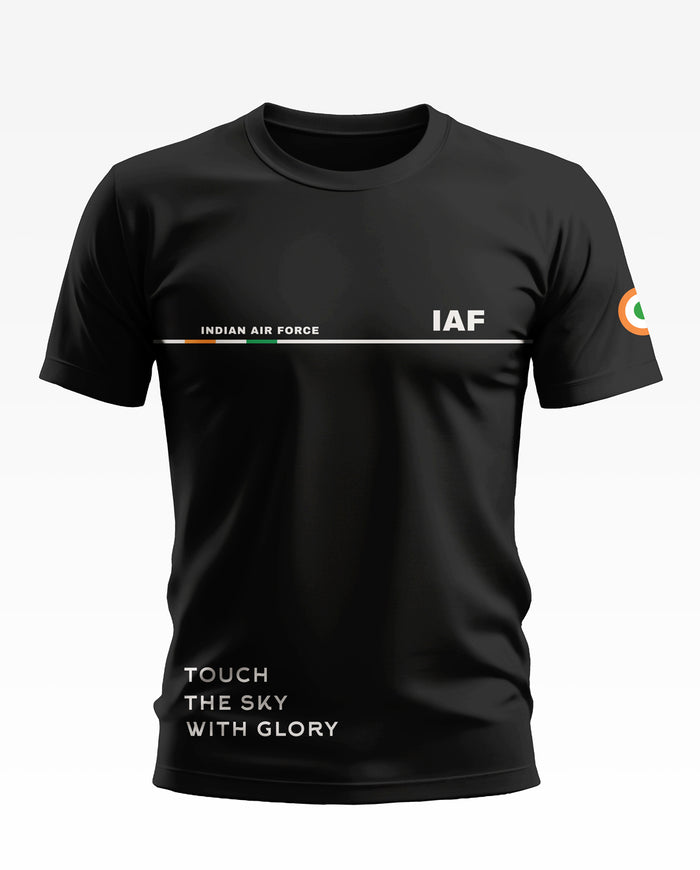 Black Indian Air Force IAF t-shirt with tricolor sleeve and 'Touch the Sky with Glory' text.