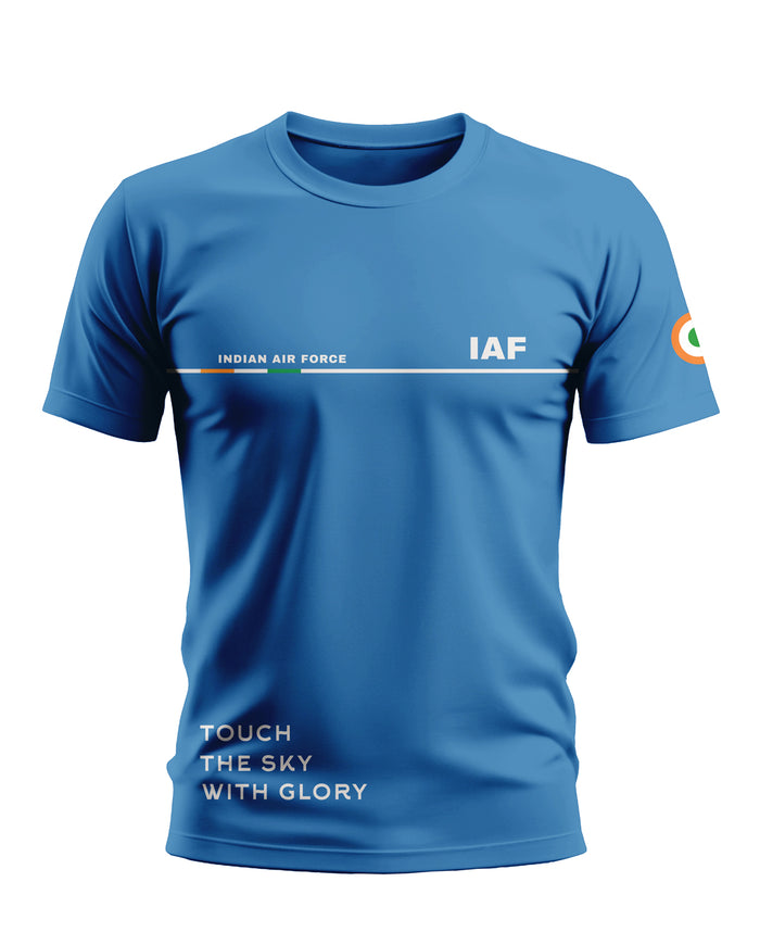 Blue Indian Air Force t-shirt with IAF text, tricolor sleeve detail, and inspirational quote.