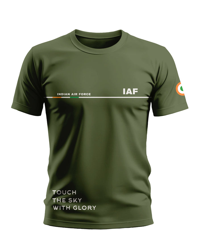 Olive green Indian Air Force t-shirt with IAF logo, tricolor stripe, and Touch the Sky With Glory text.