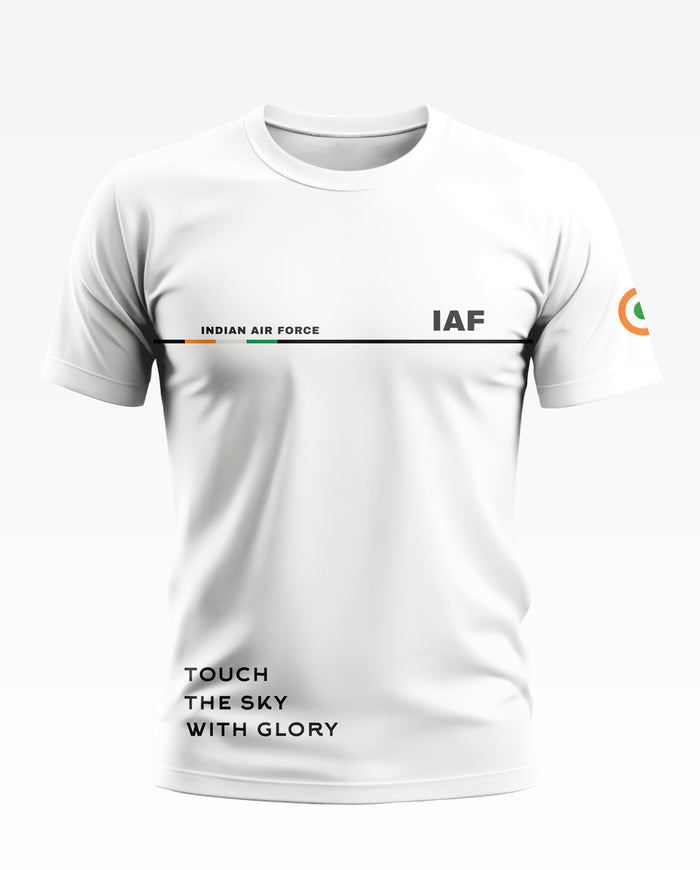 White men's t-shirt with INDIAN AIR FORCE and IAF text, tricolor stripe, and slogan.