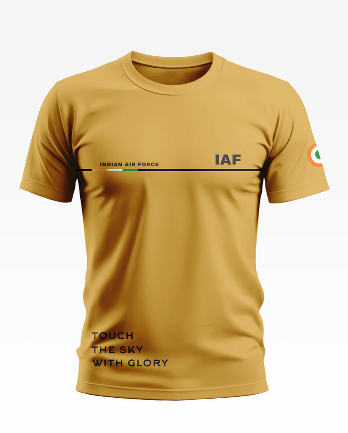 Yellow t-shirt with Indian Air Force text, IAF logo, and Indian flag sleeve design