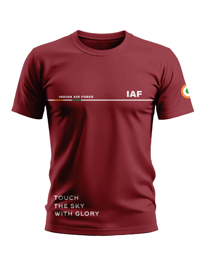 Maroon men's t-shirt with Indian Air Force and IAF text, slogan 'Touch the Sky with Glory', and Indian flag detail on sleeve.