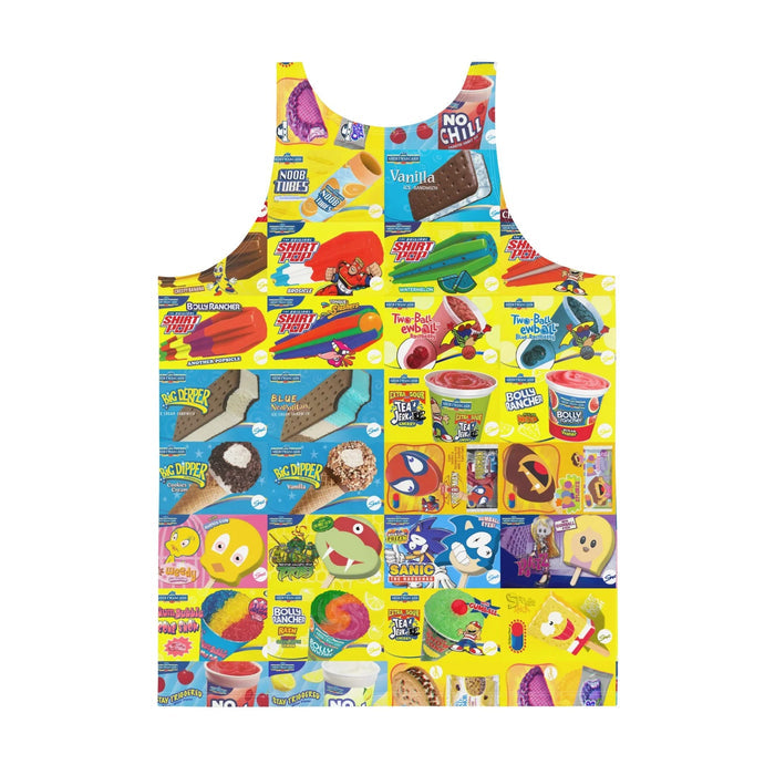Ice Cream Men's Tank - The intentionally misaligned black "gumball pupils" on the blue speedster motif set against the high-voltage electric lemon (#FFF200) field, accented by melting red web-slinger (#CC0000) and lime green turtle (#32CD32) elements.