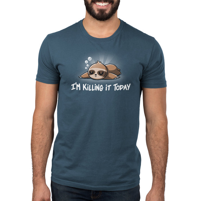 Premium Cotton T-shirt_TeeTurtle denim blue I'm Killing It Today apparel  featuring a sleeping sloth. Caption below says, "I'm killing it today".