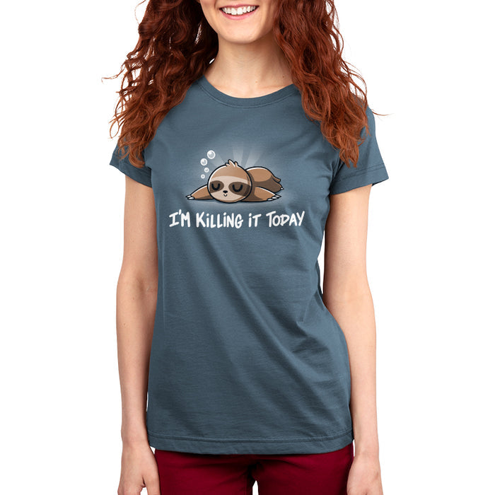 Premium Cotton T-shirt_TeeTurtle denim blue I'm Killing It Today apparel  featuring a sleeping sloth. Caption below says, "I'm killing it today".