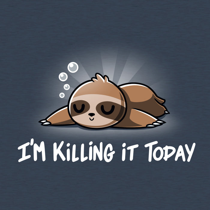 Classic Cotton T-shirt_TeeTurtle heather navy I'm Killing It Today apparel  featuring a sleeping sloth. Caption below says, "I'm killing it today".