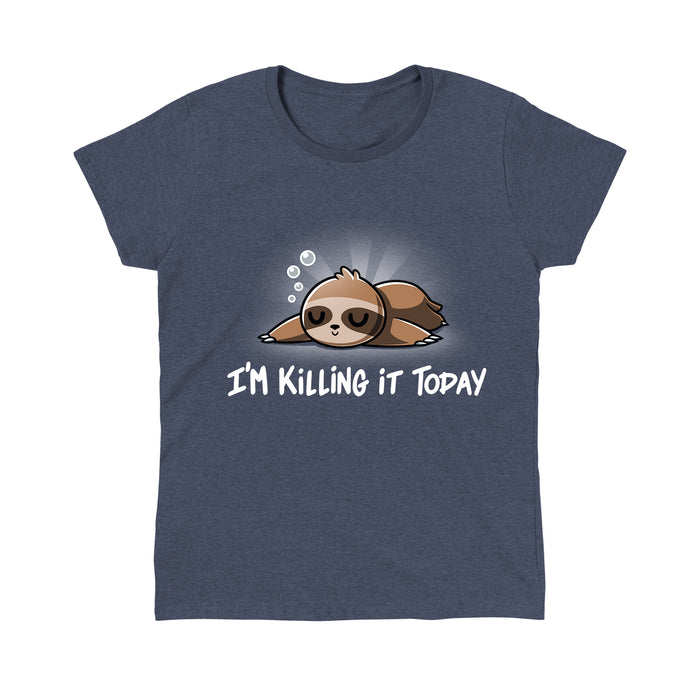 Classic Cotton T-shirt_TeeTurtle heather navy I'm Killing It Today apparel  featuring a sleeping sloth. Caption below says, "I'm killing it today".