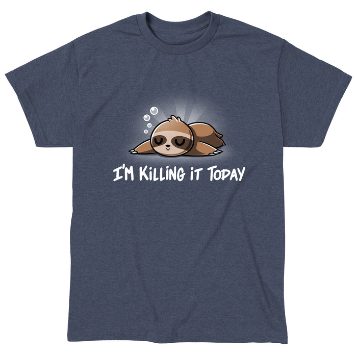 Classic Cotton T-shirt_TeeTurtle heather navy I'm Killing It Today apparel  featuring a sleeping sloth. Caption below says, "I'm killing it today".