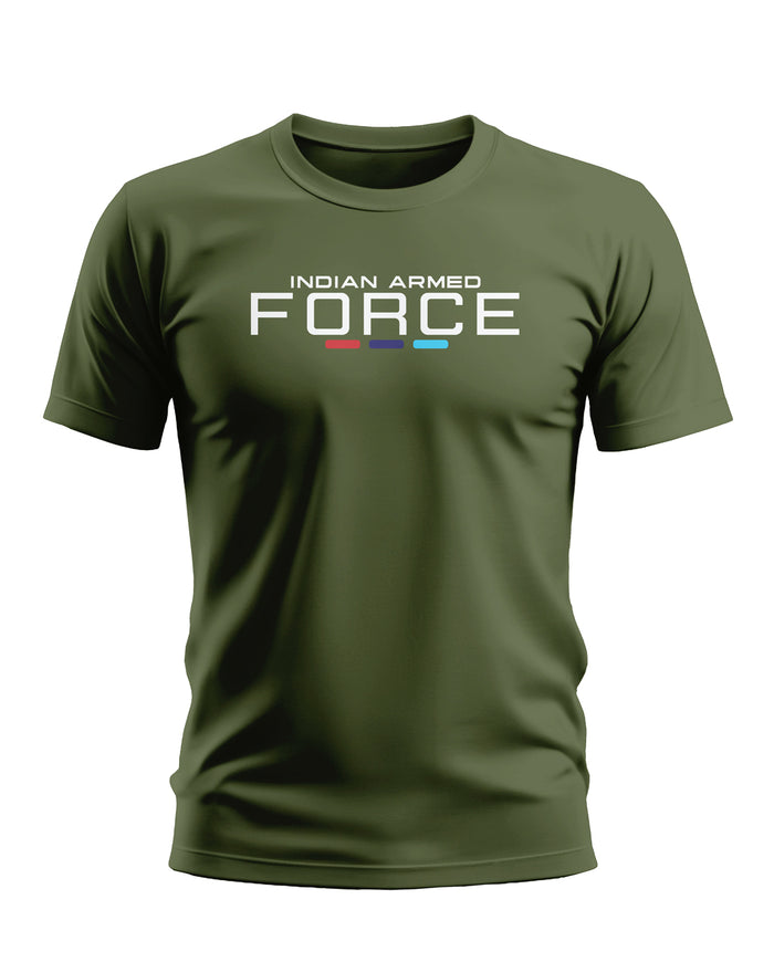 Olive green men's t-shirt with 'Indian Armed Force' text and colored stripes, army style.