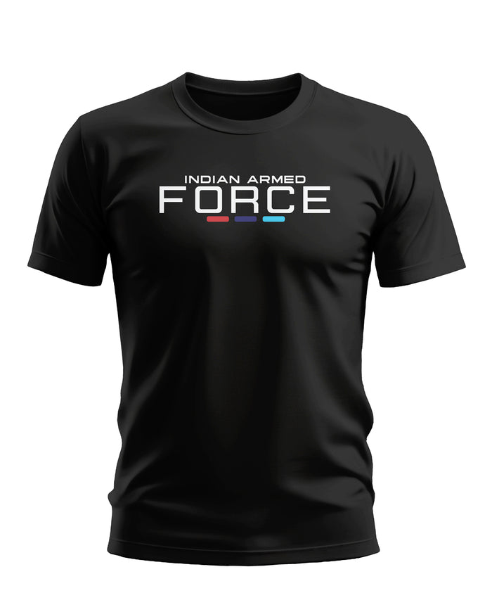 Black men's t-shirt with 'Indian Armed Force' text and colored stripes graphic, army style fashion.