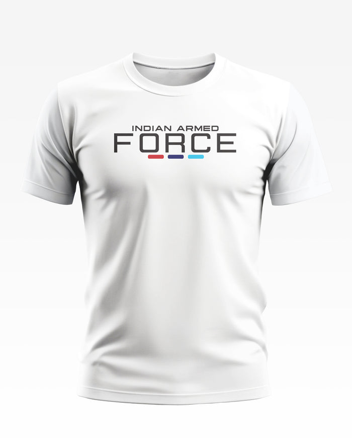 White men's t-shirt with 'Indian Armed Force' text and colored stripes on chest