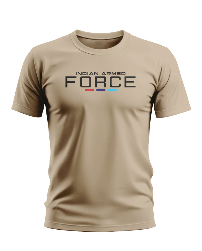 Beige men's t-shirt with 'Indian Armed Force' text and colored bars graphic on chest
