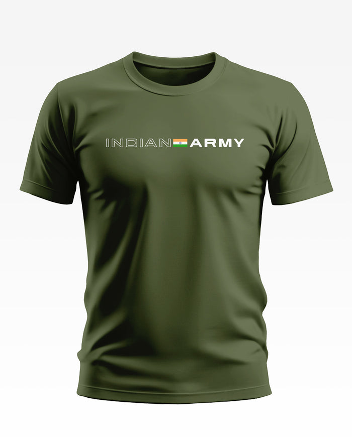 Olive green men's t-shirt with 'INDIAN ARMY' text and Indian flag, crew neck, short sleeves
