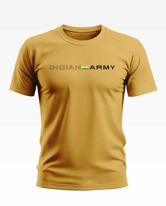 Yellow men's t-shirt with 'INDIAN ARMY' text and Indian flag on chest, short sleeves