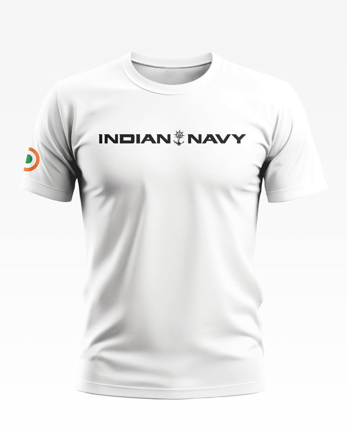 White men's t-shirt with 'Indian Navy' text on chest and tricolor emblem on sleeve