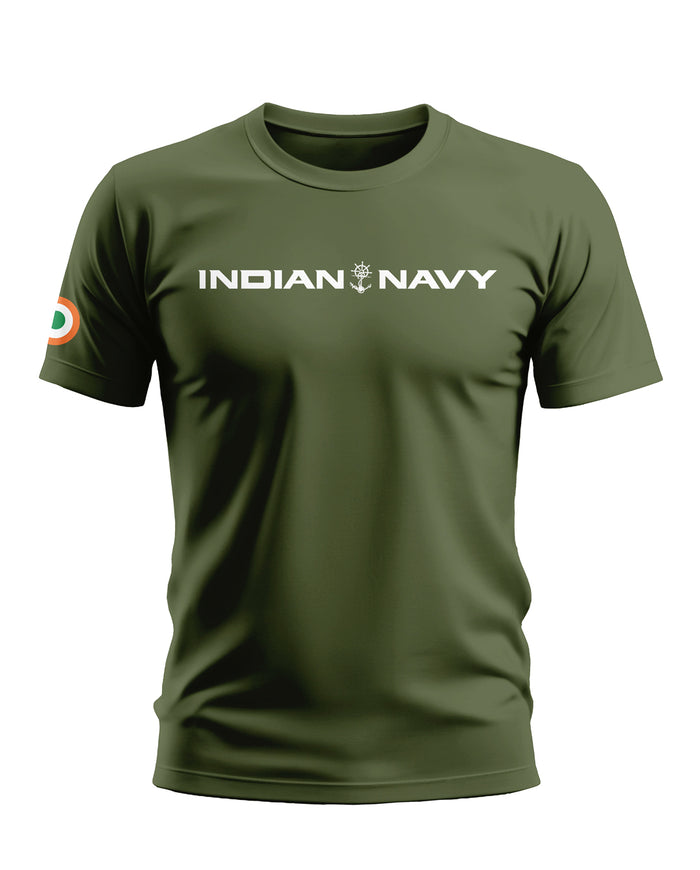 Olive green Indian Navy men's T-shirt with crew neck and tricolor emblem on sleeve