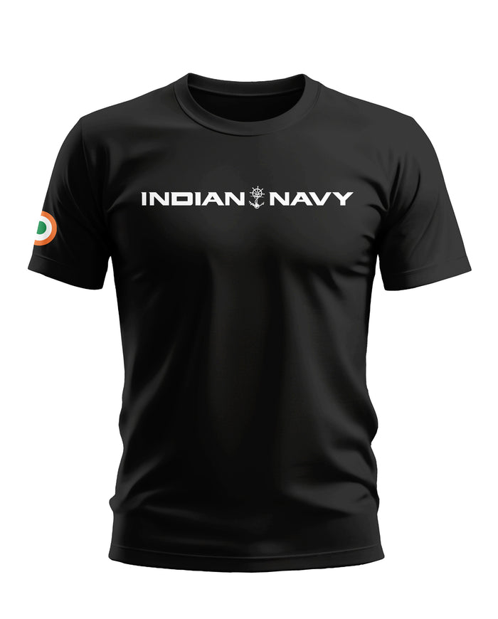 Black men's t-shirt with 'INDIAN NAVY' text and emblem, and Indian flag detail on sleeve