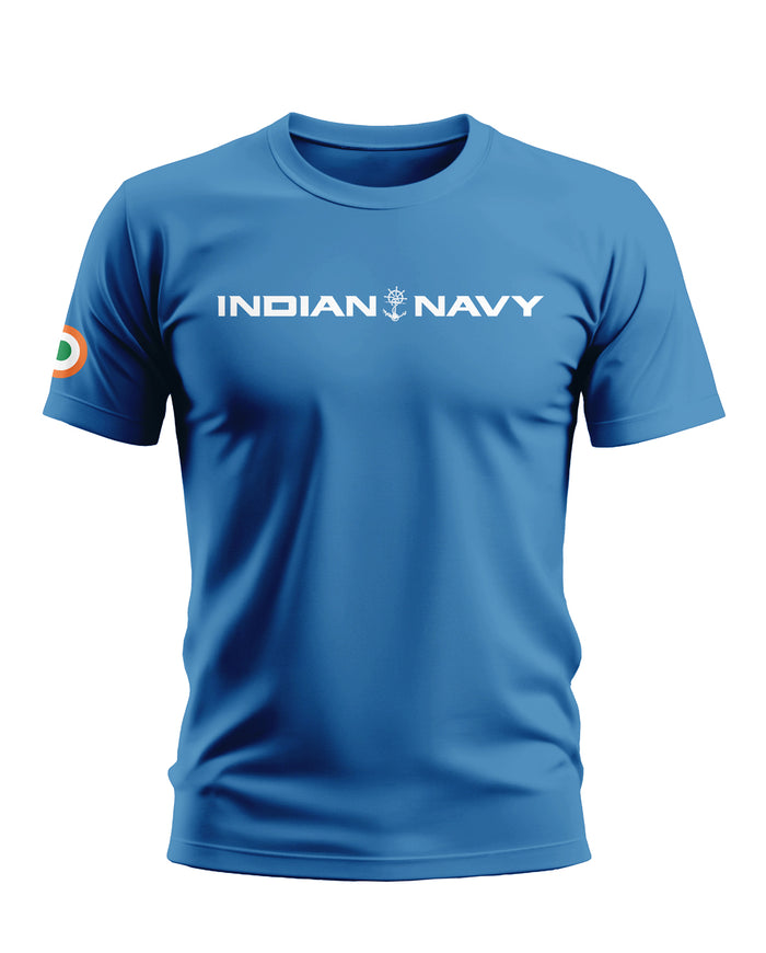 Blue Indian Navy men's t-shirt with white text and tricolor sleeve detail, front view