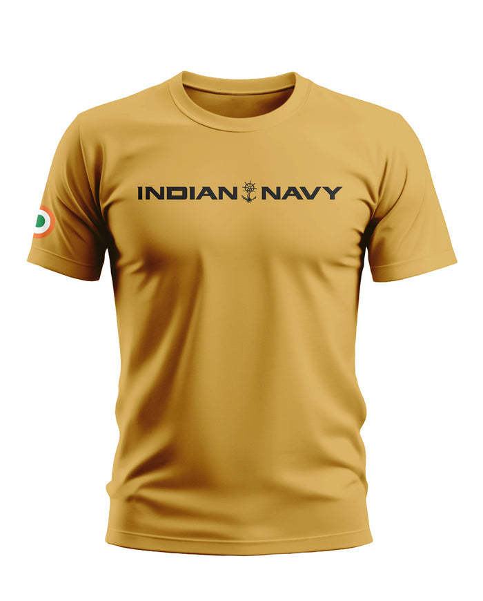 Yellow men's t-shirt with 'INDIAN NAVY' text and anchor logo, India flag patch on sleeve