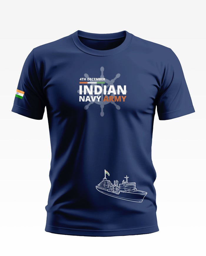 Navy blue men's t-shirt with 'Indian Navy Army' and ship graphic, Indian flag on sleeve.