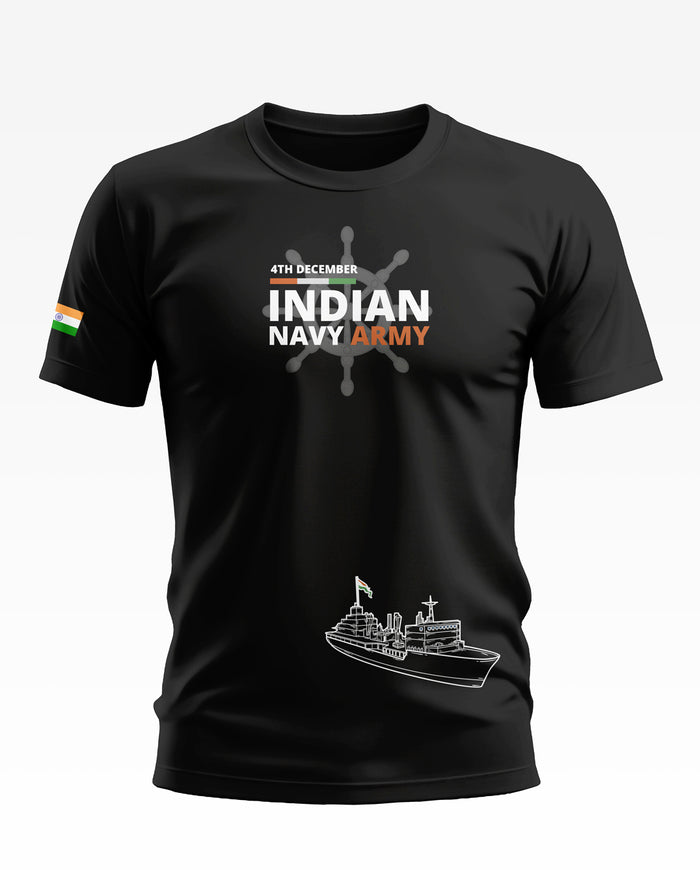 Black t-shirt with 'Indian Navy Army' text, naval ship graphic, and Indian flag sleeve detail.