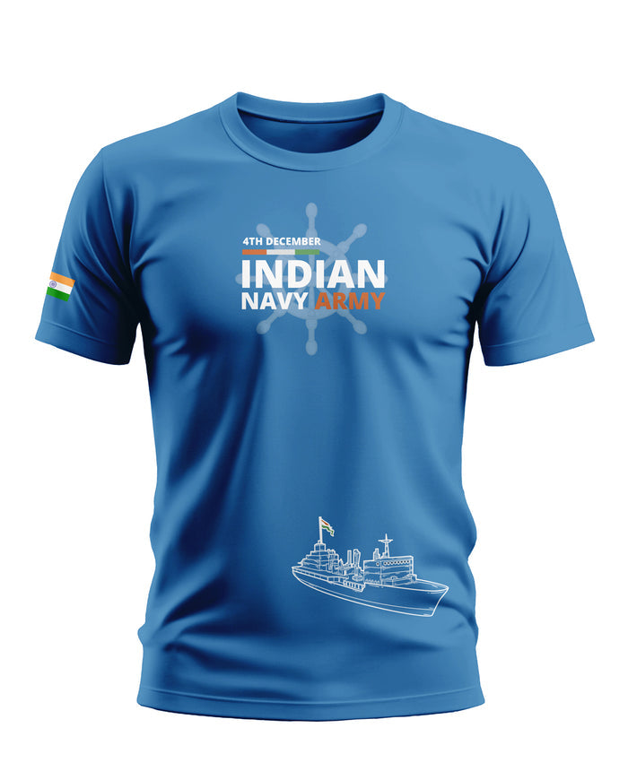 Blue men's t-shirt featuring Indian Navy Day graphic, ship illustration, and Indian flag detail.