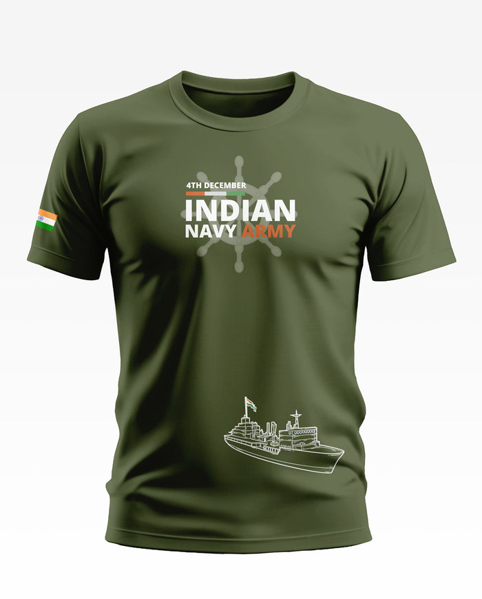 Olive green men's t-shirt with '4th December Indian Navy Army' text and navy ship graphic