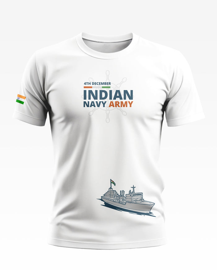 White men's t-shirt featuring 'Indian Navy Army' text, warship graphic, and Indian flag sleeve detail.