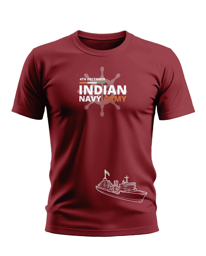 Maroon men’s t-shirt with Indian Navy Army ship graphic and 4th December text print