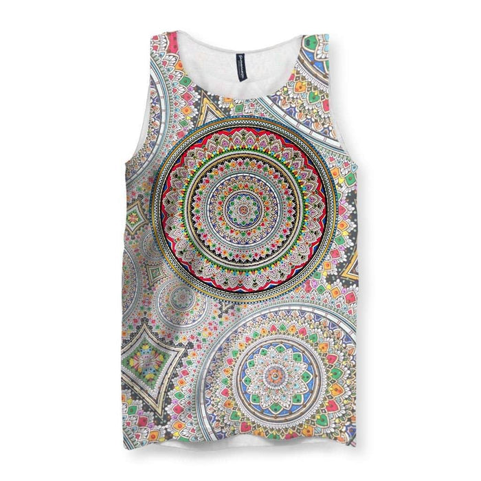 Infinite Mandala Men's Tank - The dense, vibrating optical illusion of the radial mandala centerpiece, specifically where the rusty brick red (#A52A2A) rings intersect with the oxidized teal (#008080) in a recursive, infinite loop pattern.