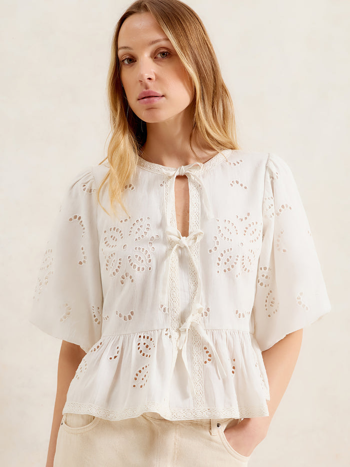 Ivory Broderie Tie Front Blouse