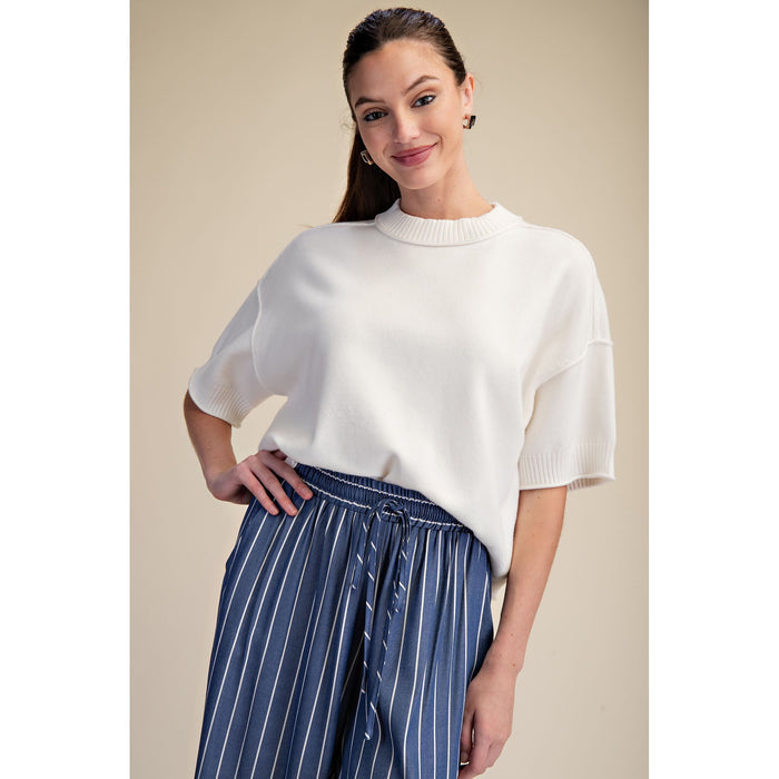 Ivory Crew Neck Sweater Top – Elbow Sleeve Knit 9968