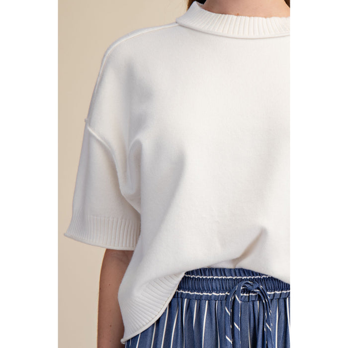 Ivory Crew Neck Sweater Top – Elbow Sleeve Knit 9968