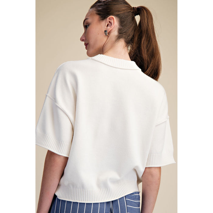 Ivory Crew Neck Sweater Top – Elbow Sleeve Knit 9968