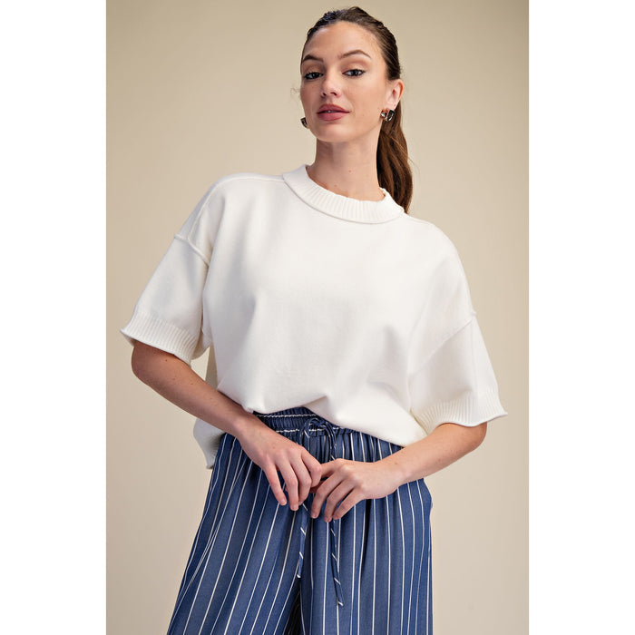Ivory Crew Neck Sweater Top – Elbow Sleeve Knit 9968