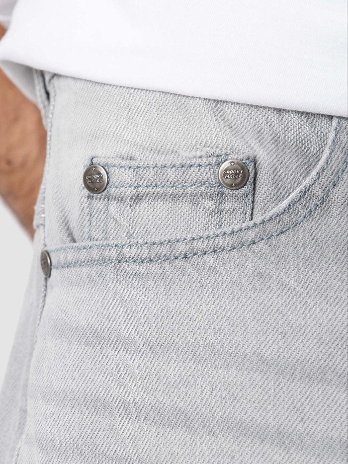 Jorts white stone detail closeup hard washed denim texture hardware Pakistan – GROOVY
