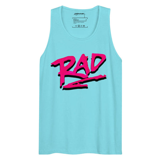 A vibrant electric cyan tank displays "RAD" in bold, jagged brushstroke lettering—scorching neon magenta with a hard black drop shadow creating an aggressive 3D pop. Contact us with accessibility feedback, we'd love to help!