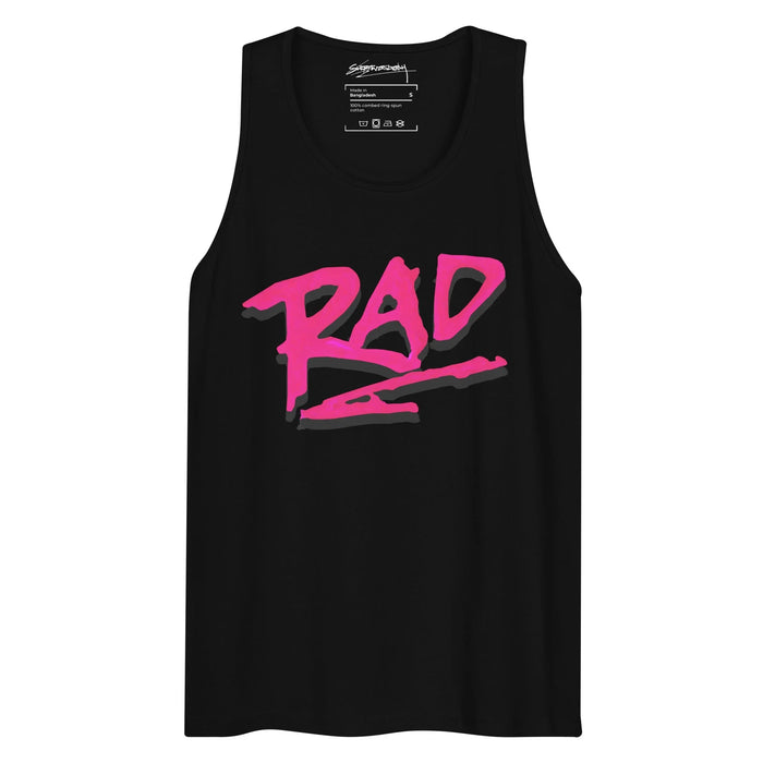 Just a Rad Men's Tank - The jarring, high-visibility contrast between the electric cyan (#7FE0EB) fabric and the scorching neon magenta (#F52B95) jagged text.