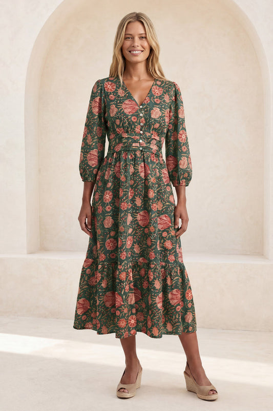 Jyoti Cotton Midi Dress | Khaki/Orange