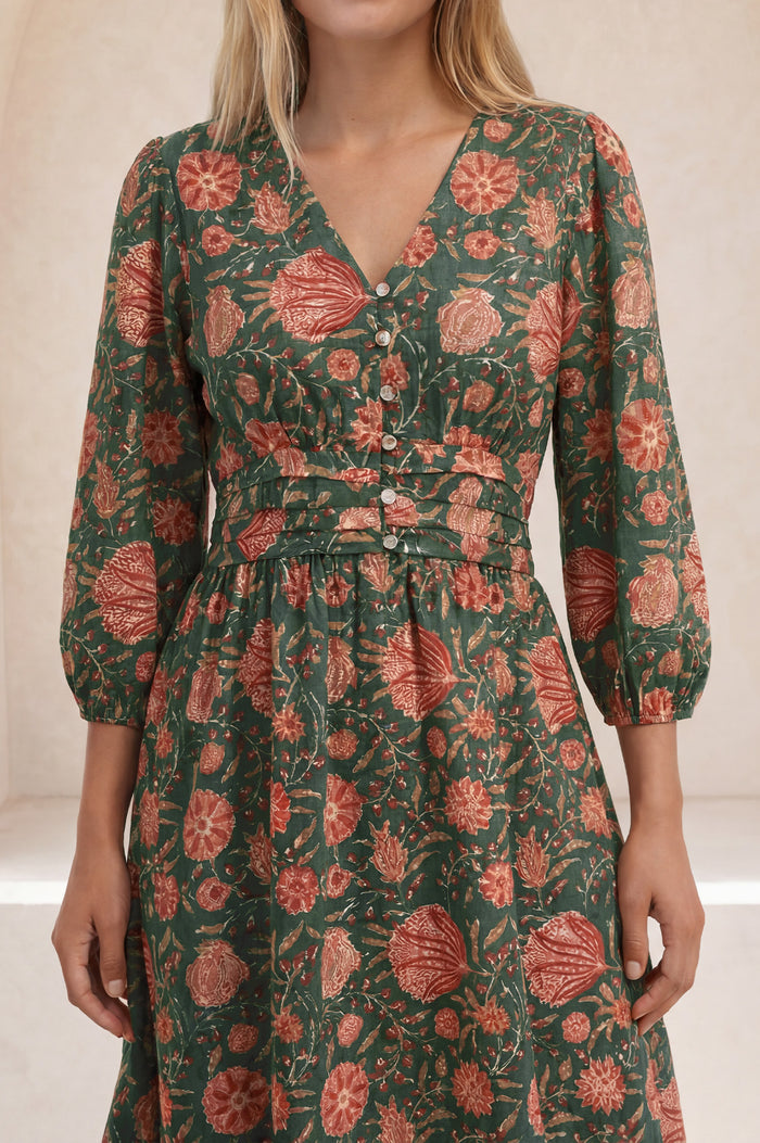 Jyoti Cotton Midi Dress | Khaki/Orange